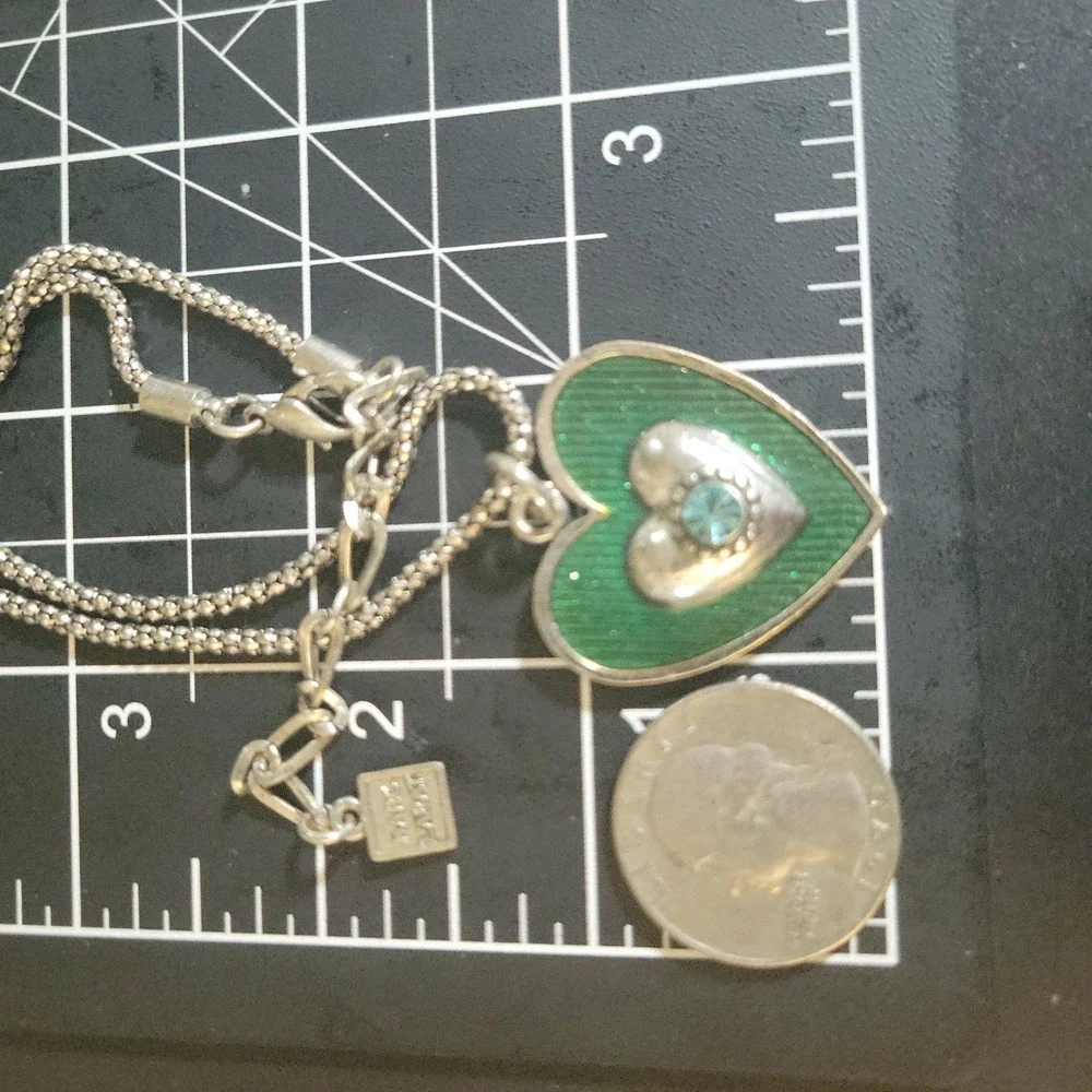 Marc Labat Green Enamel Heart Pendant Necklace Silver Tone 16-19 In Cottagecore